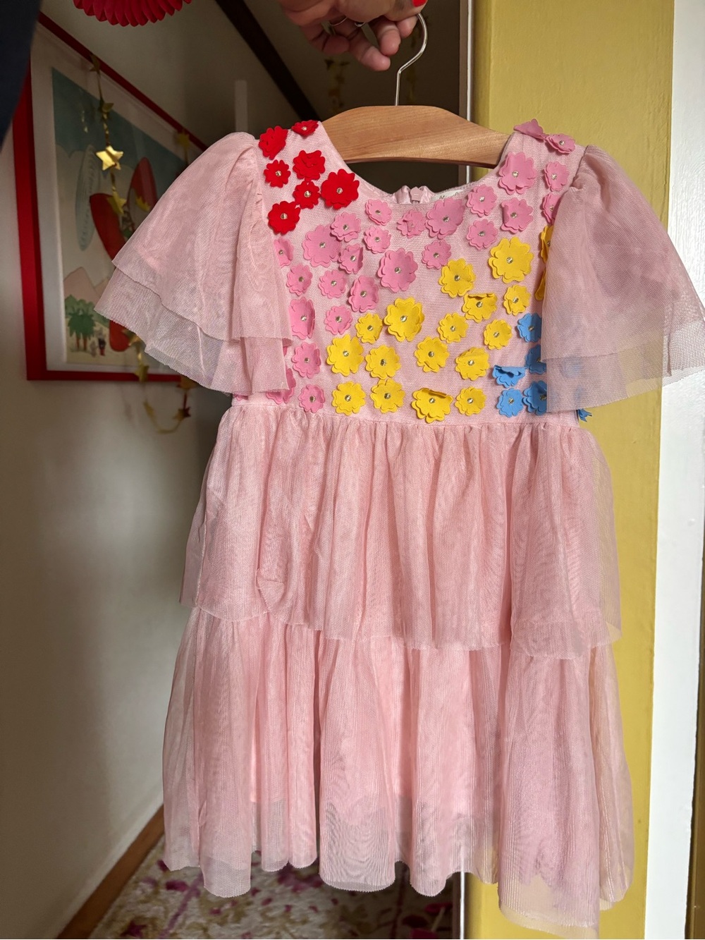 Mini Boden Pink Layered Tulle Dress with Red, Yellow & Blue Floral Appliqué